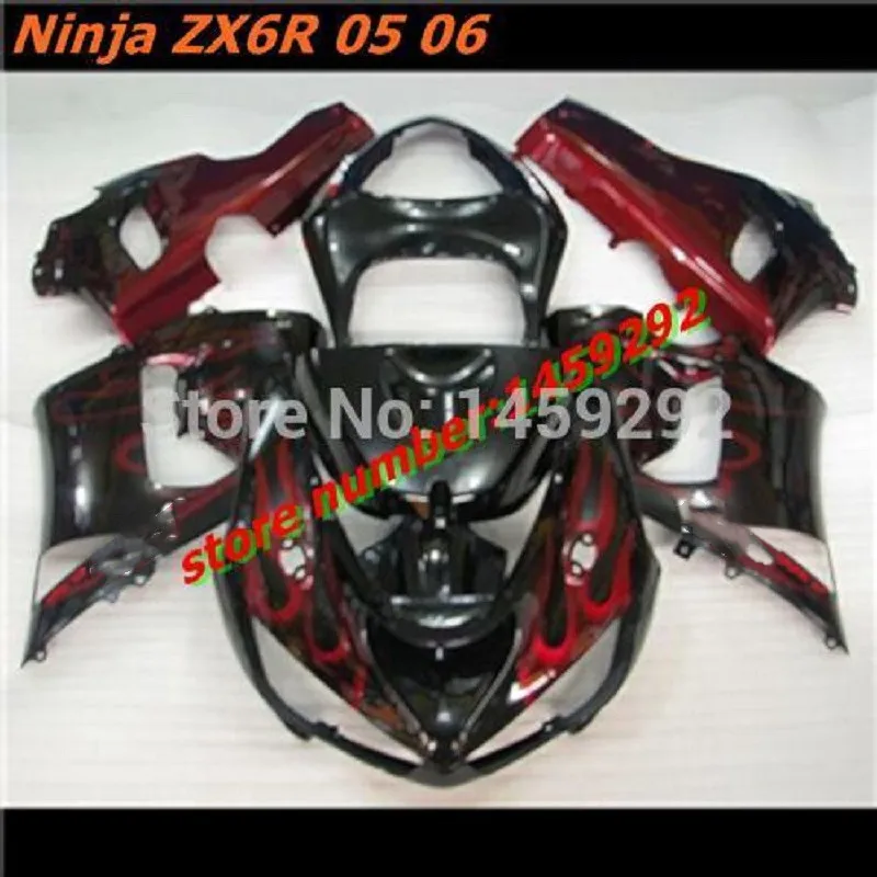 

Комплект обтекателей под давлением для KAWASAKI Ninja ZX6R 636 05 06 ZX 6R 2005 2006 zx6r ABS черно-красные Обтекатели с пламенем