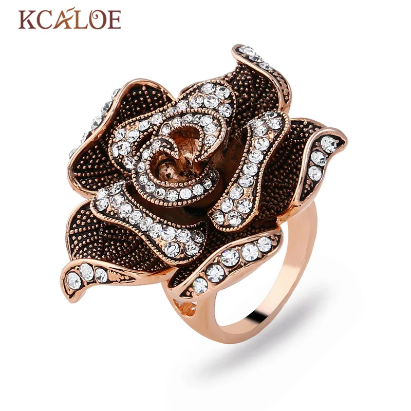 Женское кольцо с большим цветком KCALOE Винтажное кристаллом Anillos Anel розовое золото