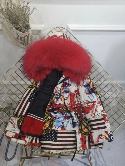 Red Flag Red Fur Children Winter Jacket Graffiti Boys Girls Real Fur Coat Thick Warm Rabbit Fur Kids Jacket Coat Furry Natural Fur Collar TZ428 - Цвет: Red Flag Red Fur