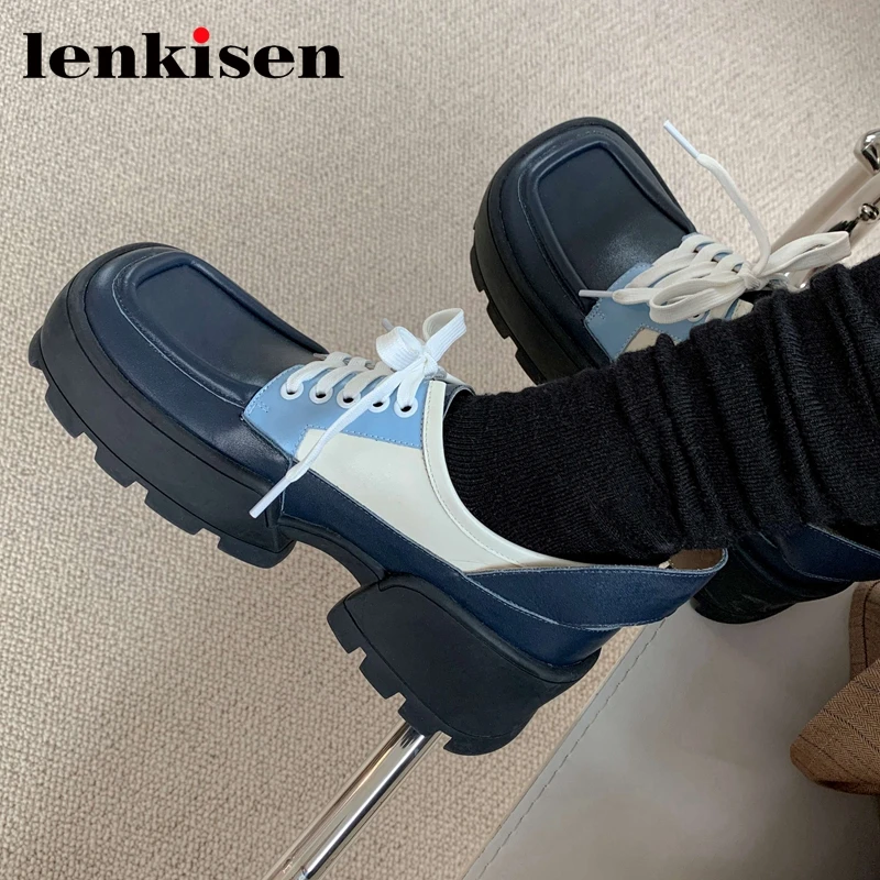 

Lenkisen British style mixed colors genuine leather square toe thick bottom online star recommend hot sale cozy women pumps L10