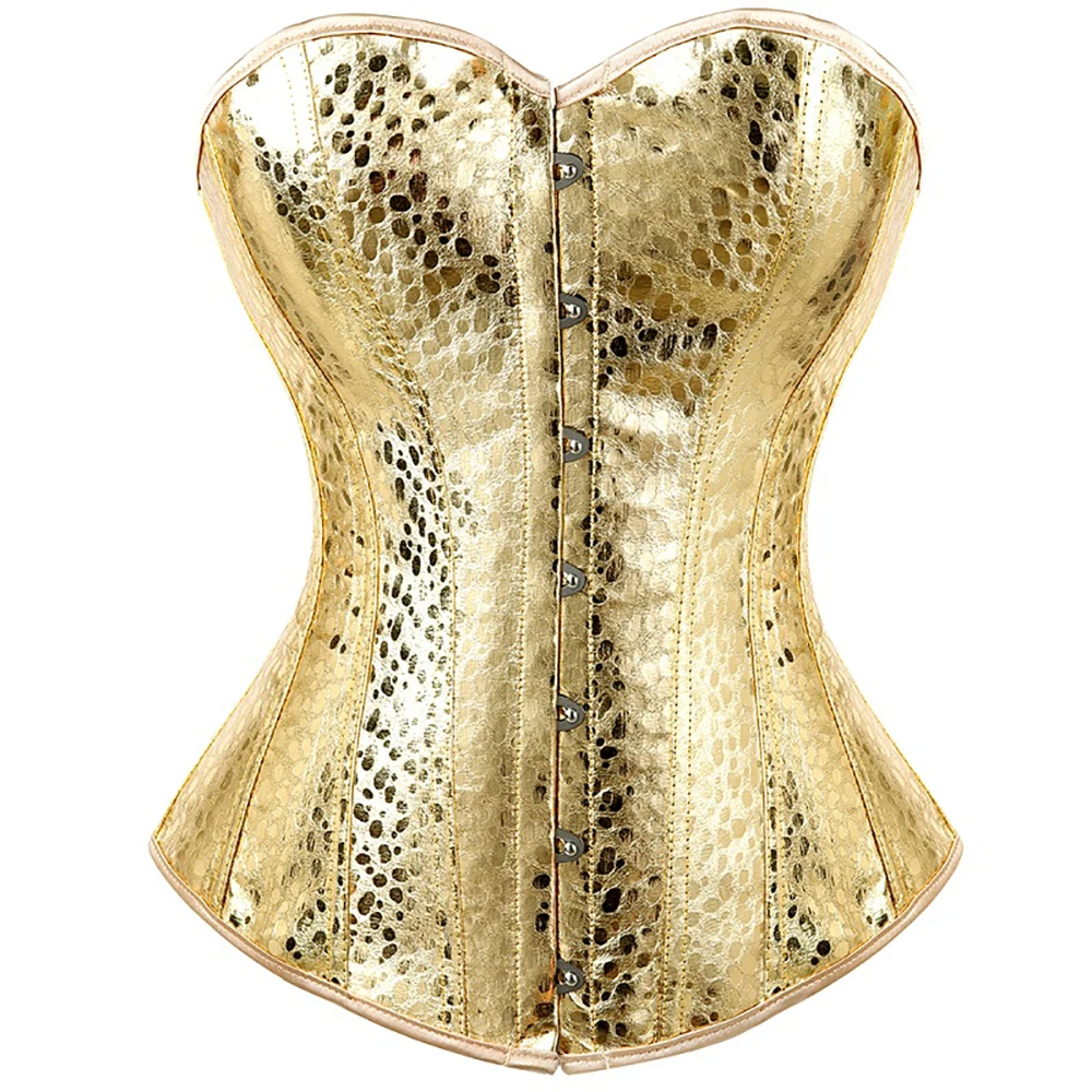 

Sexy Faux Leather Boned Lace up Corset Bustier Overbust Showgirl Clubwear Burlesque Costume Steampunk Top Plus Size S-6XL Gold