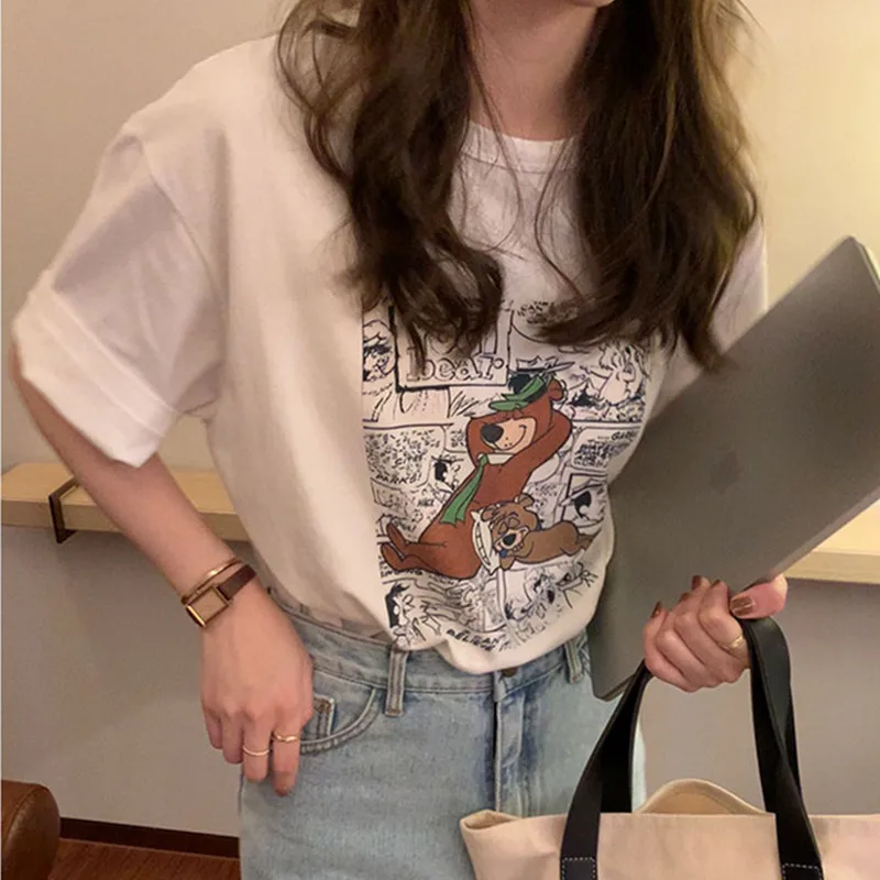 

2Colors 2021 Summer Korean style Cartoon Brown Bear Short Sleeve t-shirt Womens tops Tees shirt femme (X1896)