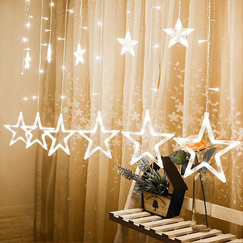 

EU Plug Curtain String Lights 10ft x 3.3ft 138LED 12 Star 8 Flashing Modes Xmas Christmas, Wedding, Party Curtain Decor