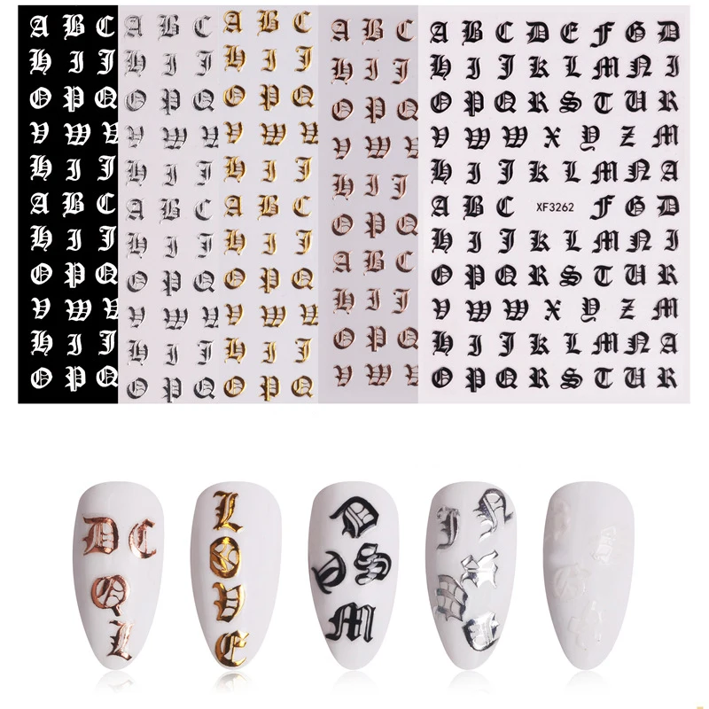 1 Pcs 3D Nail Sticker Black/Gold/Rose gold/Sliver/White Abstract English Word Art Adhesive Decals Wrap Manicure 2019 | Красота и