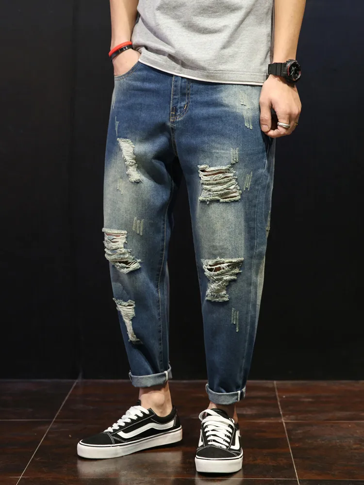 

2020 Summer thin fashion trend beggar ripped jeans men's loose cropped broken hole trousers scratched harem pants plus size