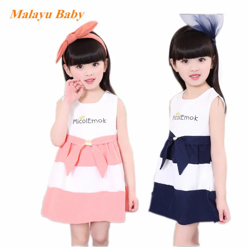 

MALAYU BABY Fashion Girls Sleeveless Dress Summer Cute Kid Letter Embroidery Striped Patchwork Party Clothing 1-4Y Child Costume