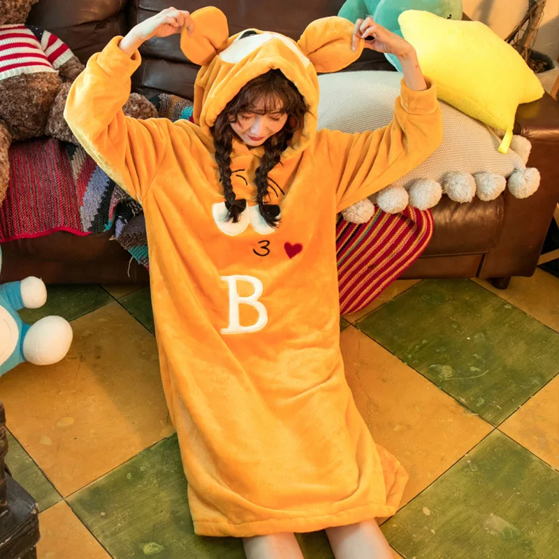 Winter Thick Warm Female Coral Fleece Nightdress Robe Cartoon Cute Animal Nightgown 2020 Lady dress hooded loungewear Sleepwear | Женская