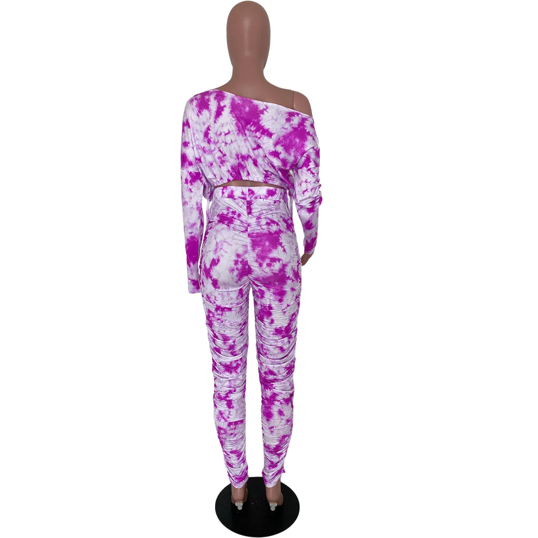 

HAOOHU Tie Dye Women Two Piece Set Off Shouder Long Sleeve Crop Top Stacked Jogger Pants Suit Tracksuit Matching Set Outfit