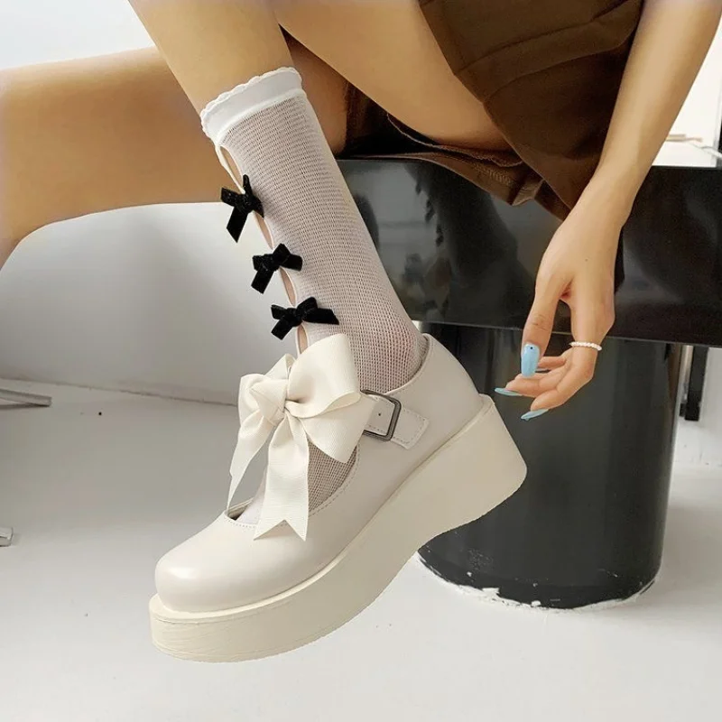 

New Bow Lolita Shoes Women Japanese Style Mary Jane Shoes Women Vintage Girls High Heel Platform Shoes College Student Big Size