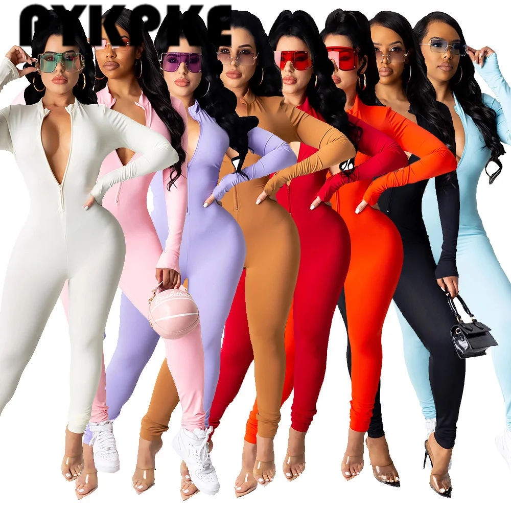 

Women Jumpsuits Solid Fashion Sexy Front Zipper Long Sleeve Skinny Overalls Slim Casual Jumper Tracksuit Autumn