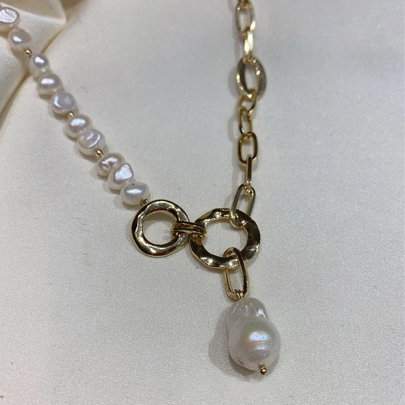 

Peri'sBox Irregular Natural Freshwater Pearl Pendant Necklaces for Women Chunky Chain Circles Baroque Pearl Necklaces Elegant