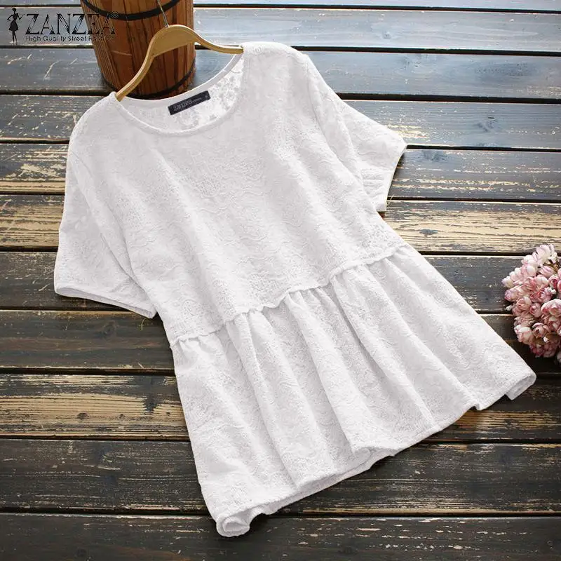 

ZANZEA Femme Clothing Lace Casual Lace Shirt Blusa Women Elegant O Neck Short Sleeve Office Solid Chemise Tops 2021 Baggy Blouse