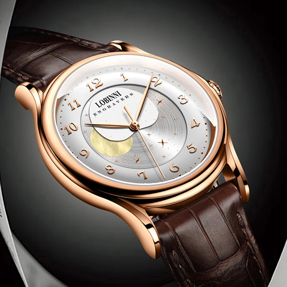Часы moonphase Роскошные мужские часы LOBINNI Мужские автоматические механические