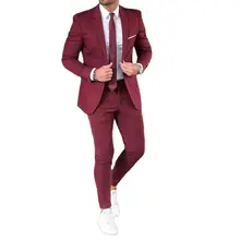 Ropa de moda para hombre, trajes de boda de color burdeos con solapa y muescas, un solo botón, esmoquin ajustado para novio, 2 piezas (3)