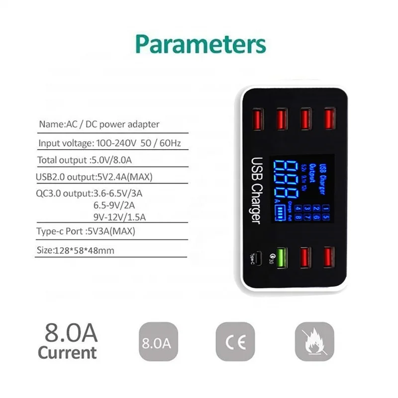 QC3.0 светодиодный дисплей USB быстрое зарядное устройство 7 порт настенное цвета в