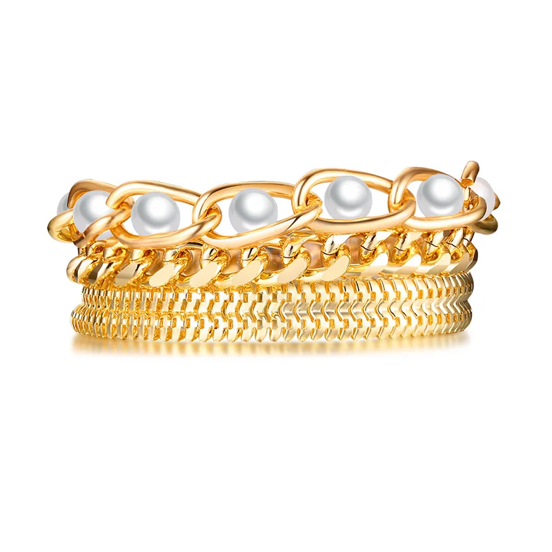 

Punk Imitation Pearl Bracelet Curb Cuban Thick Bracelet Bangle Chunky Heavy Metal Wrist Chain Jewelry 3Pcs/Lot