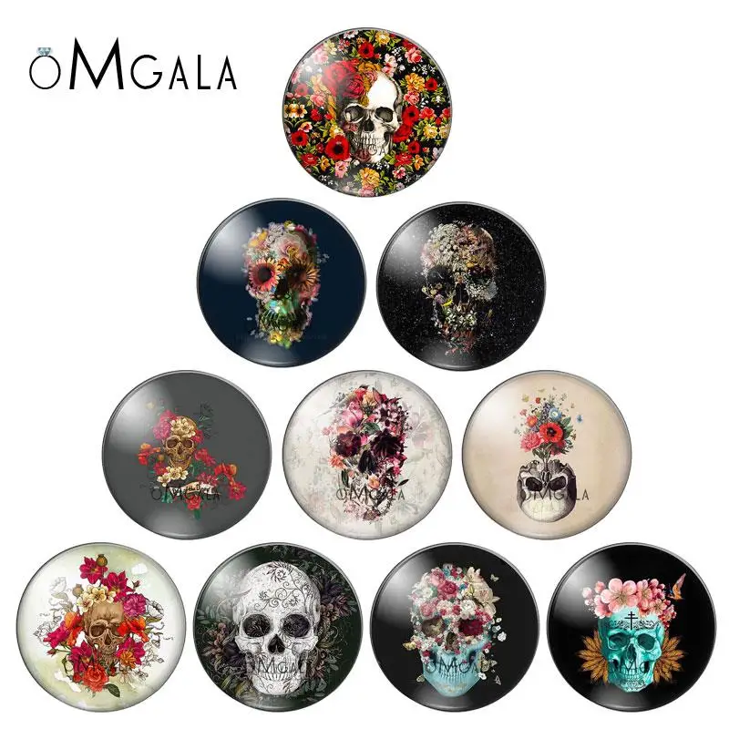 

New artistic flower skull mixed 10pcs 8mm/10mm12mm/18mm/20mm/25mm Round photo glass cabochon demo flat back Making findings