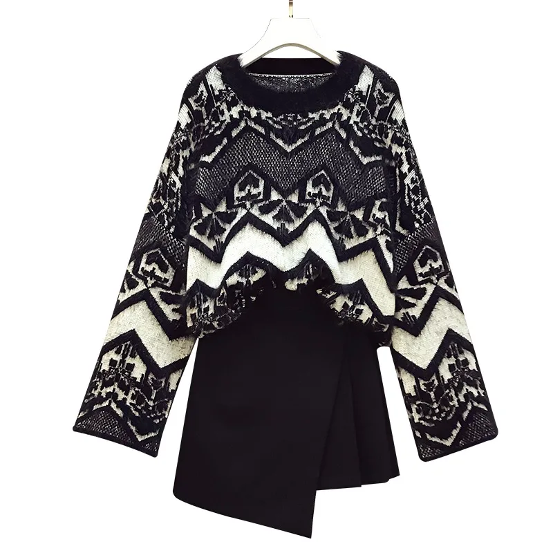 

Plus Size Women's 2020 Autumn New Style Fat Sister Western Style Slim Sweater Irregular Skirt Suit HK065