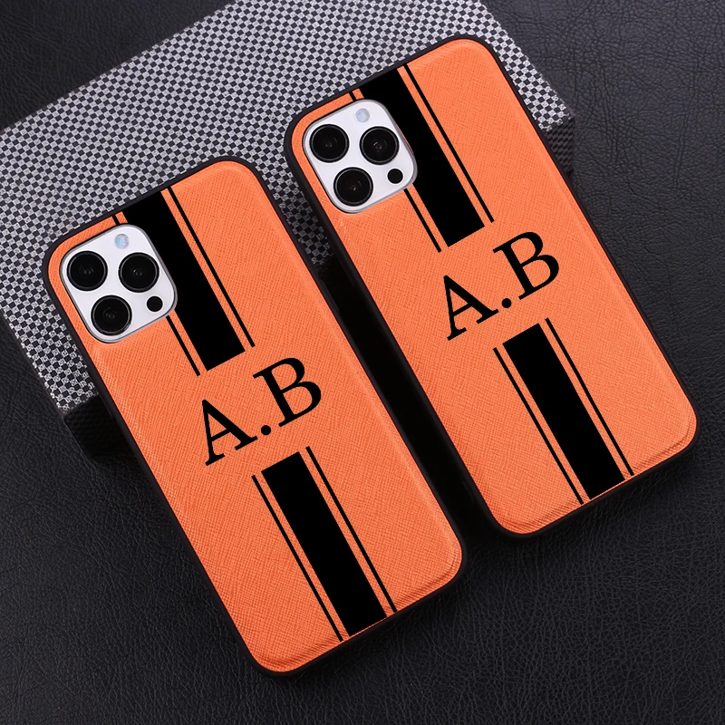 

Stripes Personalized Customize Name Initials Striped PU Leather Phone Case For iPhone 12 11 Pro XS Max XR 7Plus 8 8Plus Cover