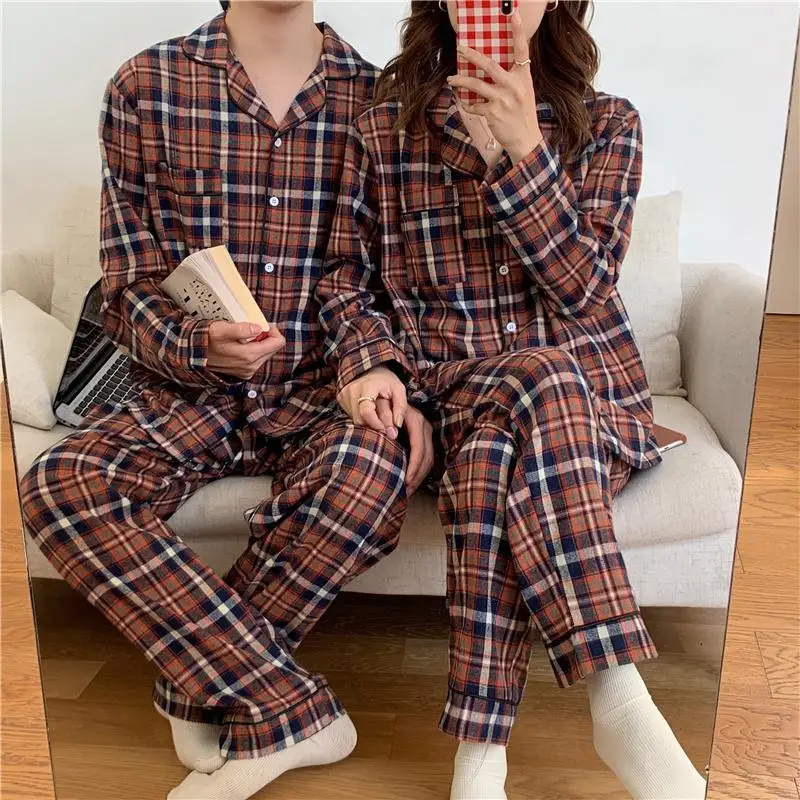 

Свободный клетчатый домашний костюм для пар, пижамный комплект на весну и осень, женская одежда для сна, брюки, домашняя одежда, мужской ночн...