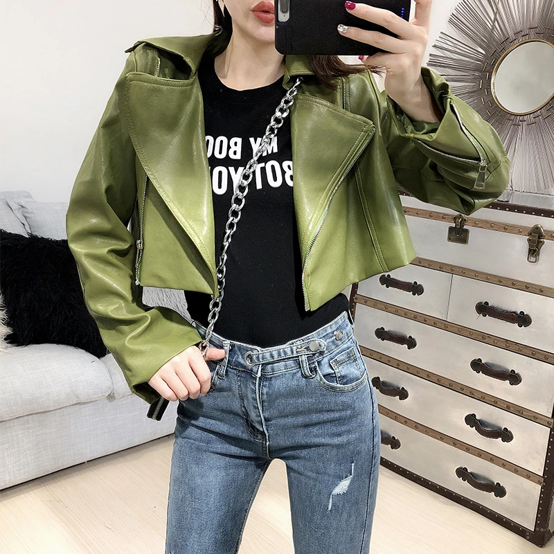 Женская Байкерская короткая куртка из искусственной кожи черная Базовая на