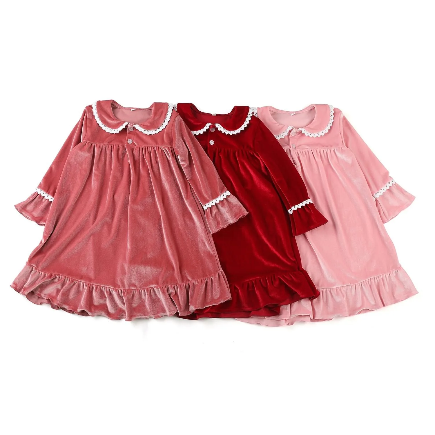 Camis&oacute;n de terciopelo rojo cl&aacute;sico para ni&ntilde;os y ni&ntilde;as, pijama gruesa de manga larga con volantes-2