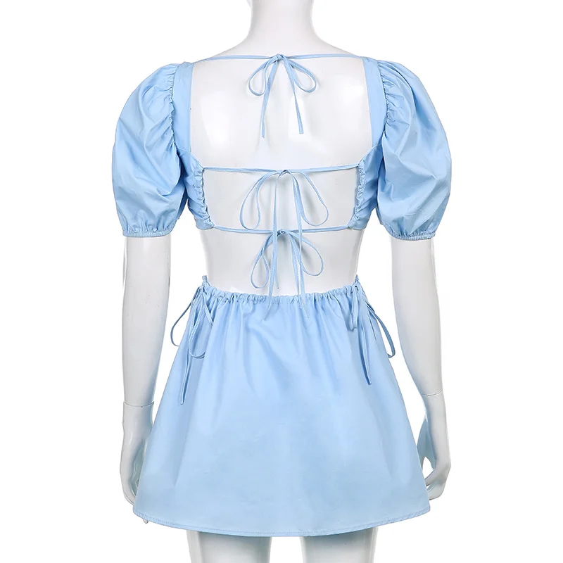 

Sexy Backless Puff Sleeve A Line Dress Summer Casual Lace Up Fashion Cut Out Vintage pink Dress Vacation Summer Dresses 2021