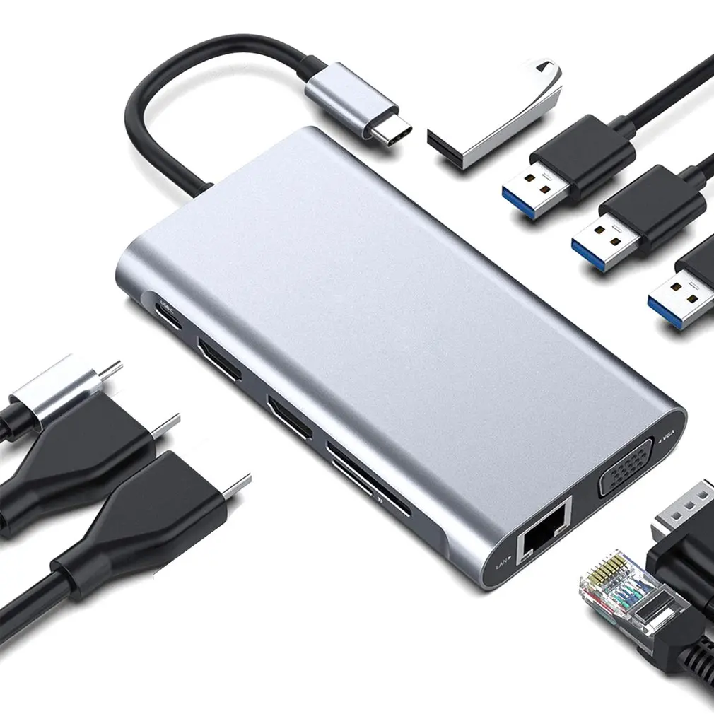 

Portable Type C Docking Station Multi Hub Dual HDMI-Compatible RJ45 VGA USB3.0 Audio Adapter for MacBook Air Thunderbolt 3 Dock