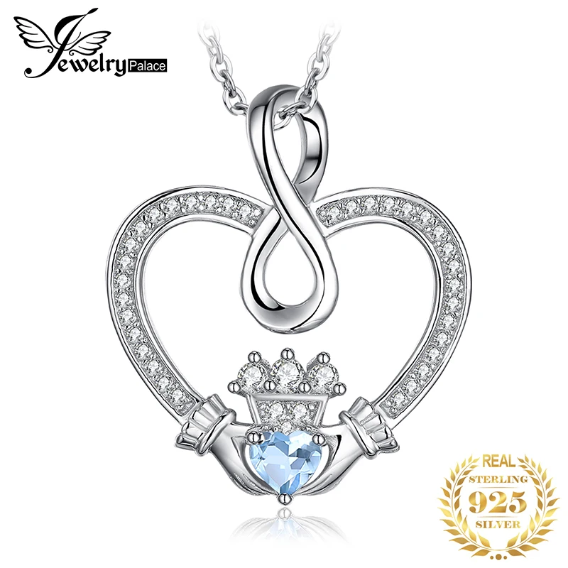 Бесконечность Claddagh сердце Природный Голубой топаз кулон ожерелье 925 драгоценные камни из стерлингового серебра Колье Ожерел
