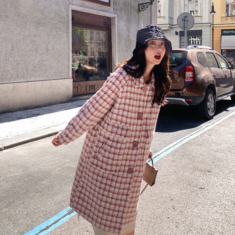 Женское длинное твидовое пальто роскошное шерстяное с принтом мешковатое