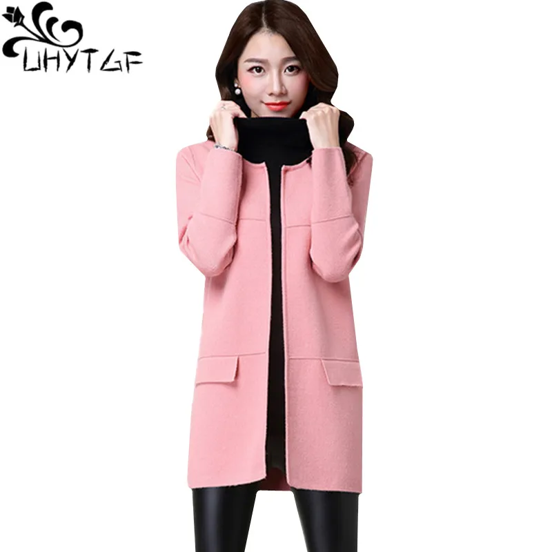 

Женский кардиган UHYTGF на весну и осень, свитер, куртка, однотонный вязаный тонкий свитер, пальто свободного кроя, приблизительный женский сви...