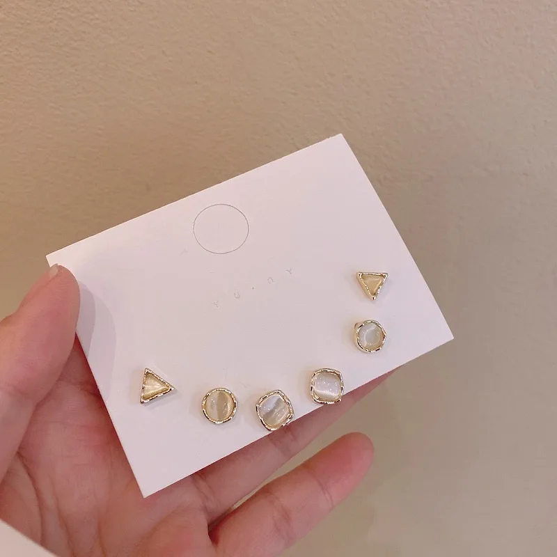 

S925 French Retro Opal Geometric Earring Set Combination Feminine Temperament Gentle And Simple Fashion Small Earrings