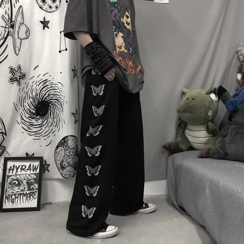 

HOUZHOU Hippie Streetwear Print Balck Joggers Sports Pants Women Punk Plus Size Jogging Sweatpants Baggy Wide Leg Trousers