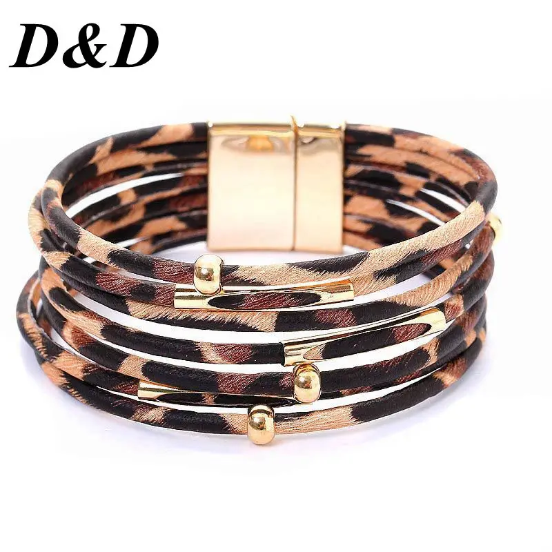 Женский кожаный браслет D & элегантный многослойный широкий с леопардовым