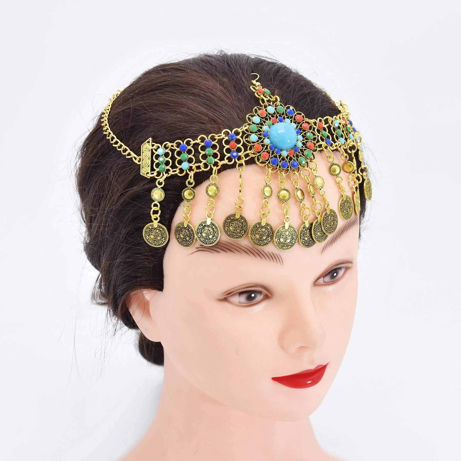 

Afghan Gypsy Lady Retro Color Bead Coin Tassel Head Chain Turkish Belly Dance Costume Hair Accessories Indian Jhumka Jewelry