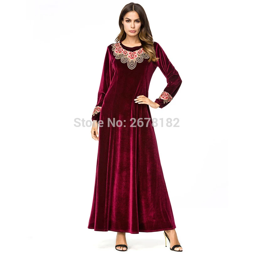 Новинка мусульманское платье большого размера однотонные бархатные стразы