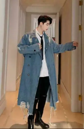 

Mens New Fashion Lapel Ripped Double Breast Denim Long Trench Coat Outwear