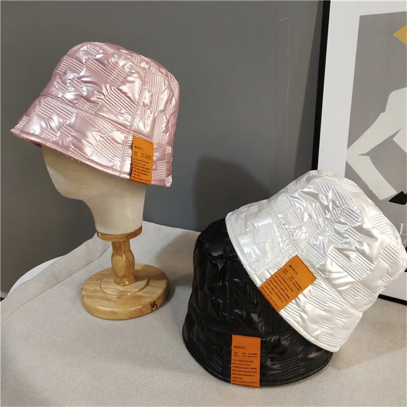 

Harajuku Bucket Hat Womens Metalic PU Quilted Cloche Cap Kpop Bob Hats Autumn Winter Windproof Puffer Panama Fisherman Caps