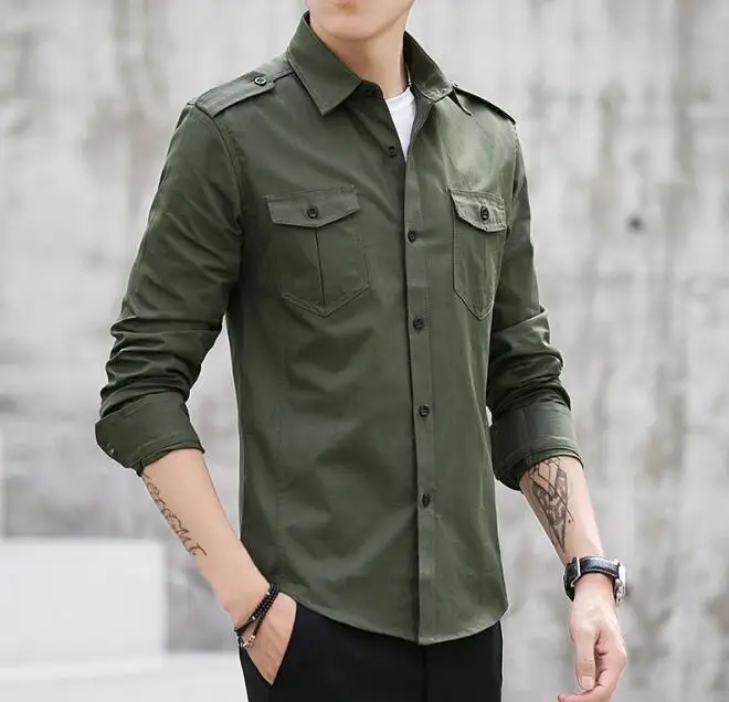 Мужская рубашка в стиле милитари мужская приталенная с длинным рукавом camisa masculina