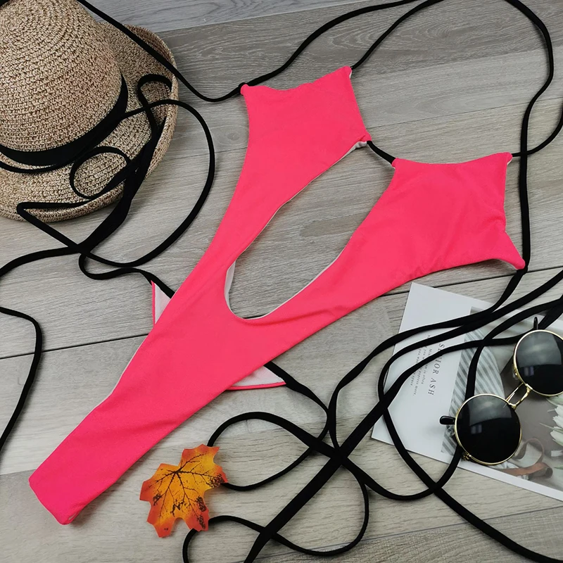 2020 слитный купальник с высоким вырезом неоново-розовый купальник-стринги