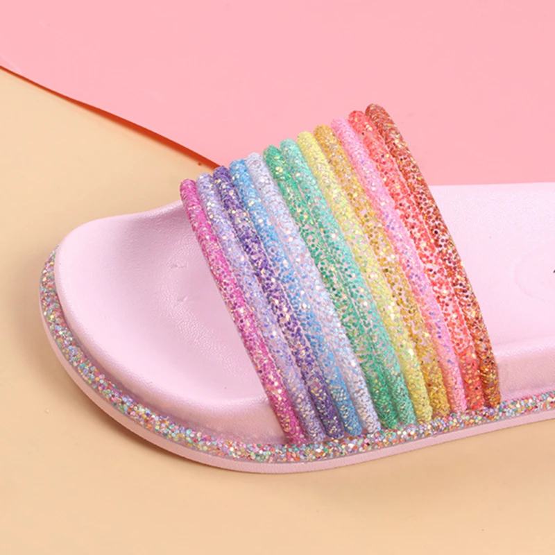 

Rainbow Bling Slippers For Girls Summer Non-Slip Soft Beach Ladies Slides Flats Shoes Home Women Slipper Outdoor Footwear Sandal