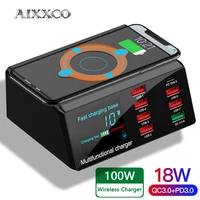 aixxco 100w wireless usb charger dock 18w pd qc3 0 fast charger station smart led display 8 ports usb for samsung huawei iphone