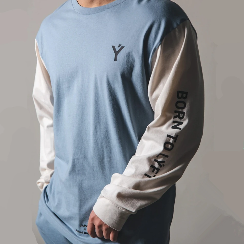 

Autumn Casual Long sleeve T-shirt Men Gym Fitness Workout Loose Cotton Tees Male Fashion Patchwork Tops Sport Training Clothing