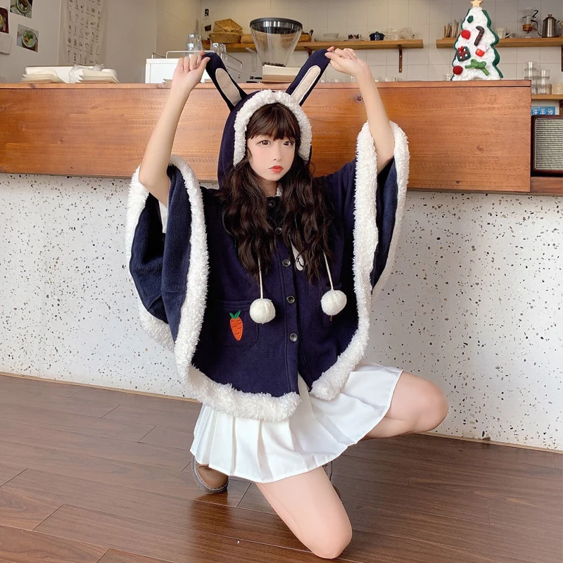 Плащ женский с капюшоном и ушками кролика Мягкая шерстяная куртка в стиле