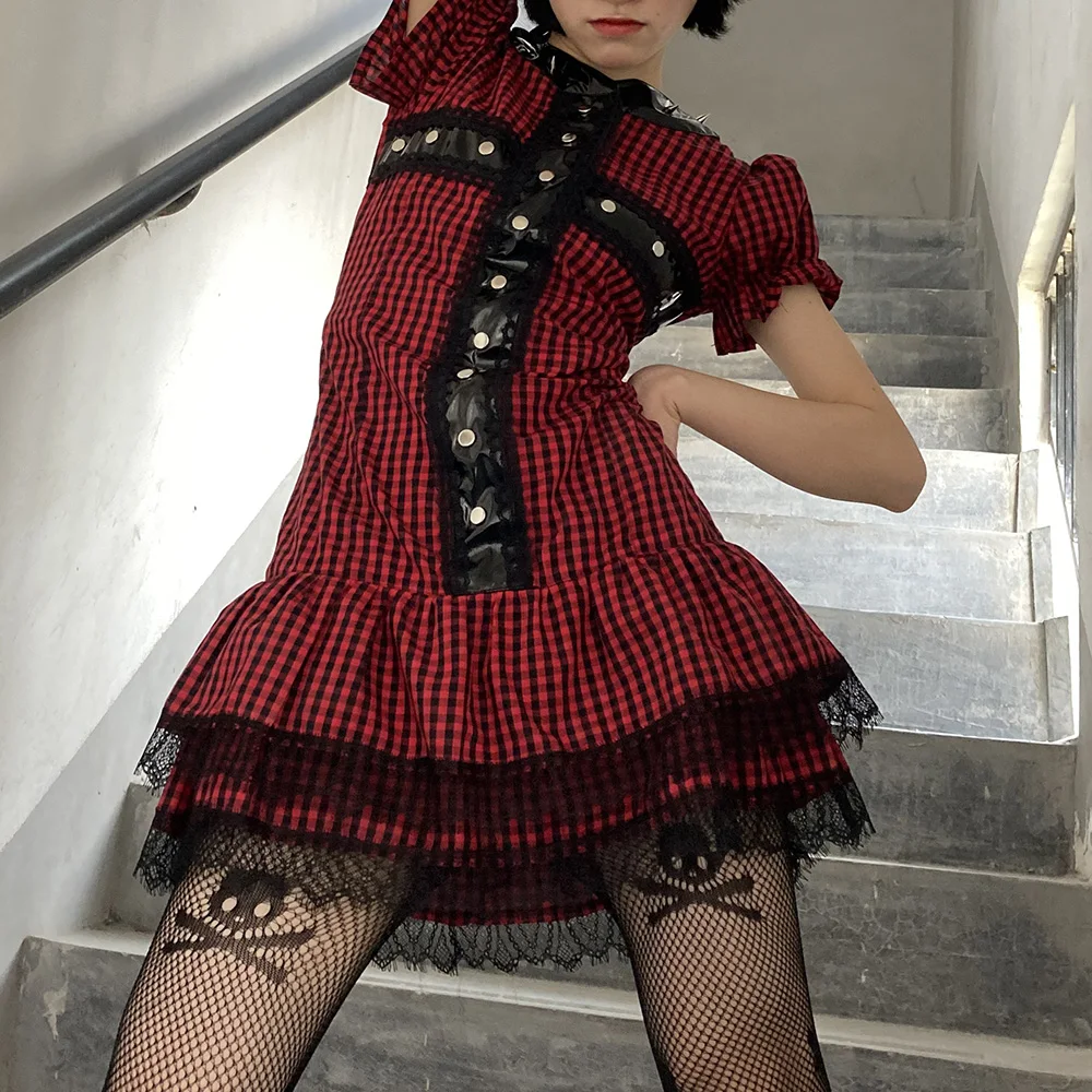 Rosetic Devil готическое клетчатое платье с перекрестными заклепками женские летние