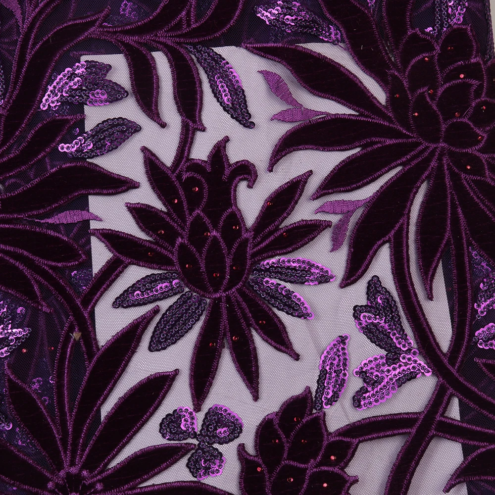 Лучшее качество африканская бархатная кружевная ткань фиолетовая с блестками
