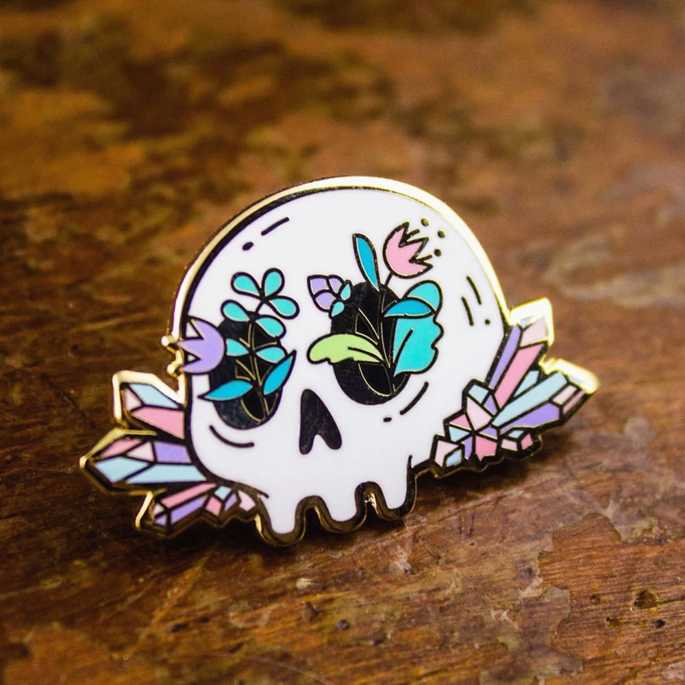 

Novelty Floral Skull Hard Gothic Enamel Pin Beautiful Pastel Crystals Cluster Plant Brooch Witch lapel pins badge Jewelry Gift