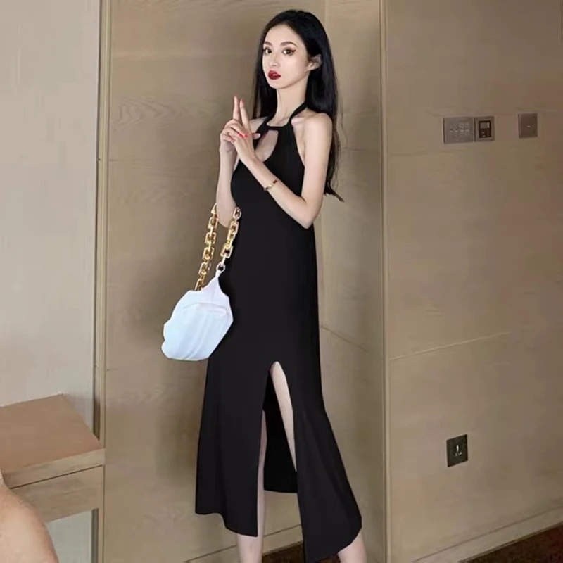 

Summer strapless sleeveless dress feminine halter neck slit long dress high waist slim stretch dress