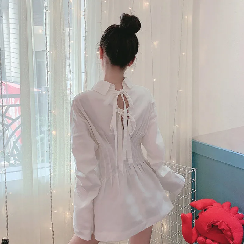 

White cotton Women's Blouse Tops back bandage lace up shirts Women tops 2020 Spring Fashion long style Shirts