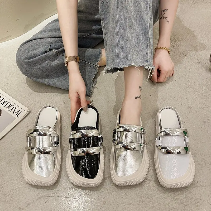 

Slippers Casual Flat Shoes Female Cover Toe Slipers Women Slides Low Mules Sexy Luxury 2021 Square Bonded Leather Rome Fashion R